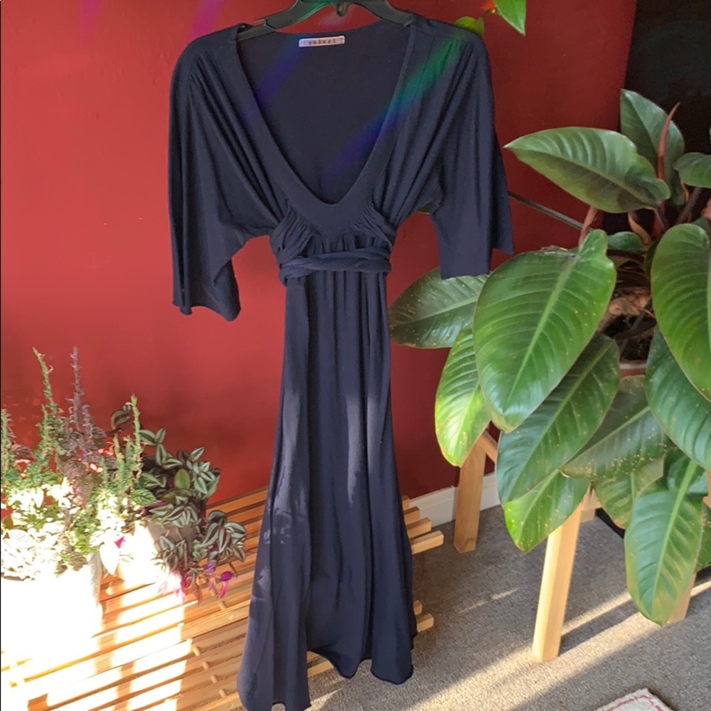 Knit flared slv dress with tie waist